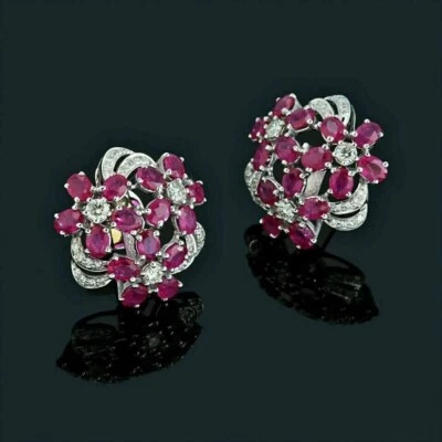 Unique Simulated Pink Ruby & Moissanite Women's Stud Earrings In 10K White Gold - Image 1 of 4