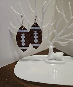 Football Glitter (Both Sides) Brown & White Dangle Earrings Sports Jewelry - Picture 1 of 3