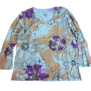 Sz 2 Chicos V-Neck 3/4 Sleeve Orange Purple Floral Print Top Tee Blouse Medium - Picture 1 of 10