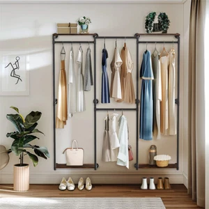 Industrial Pipe Clothes Rack Adjustable Wall-Mounted Walk-in Wardrobe with Shelf - Picture 1 of 12