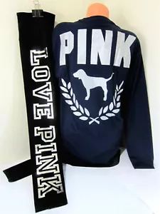 BLING Victoria Secret Pink ENSIGN GLITTER DOG LOGO TEE SHIRT LEGGING PANT L SET - Picture 1 of 9