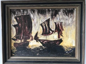 Original Oil Painting On Canvas Bd Two Ships At Battle By. Charlotte Bazley - Picture 1 of 7