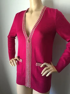 ST JOHN KNIT SWEATER SIZE M FUSCIA PINK COSMO CARDIGAN SWEATER SANTANA KNIT  - Picture 1 of 9