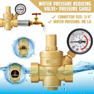 DN20 - 3/4" Brass Adjustable Water Pressure Reducing Regulator Valves with Gauge - Picture 1 of 12