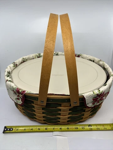 2007 Longaberger Casserole Picnic Basket Handles Liner Lid Poinsettia Liner Cover