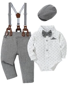 Baby Boy Clothes Suit Infant Gentleman Outfits Printed Dress Shirt+Bowtie+Ber... - Picture 1 of 6