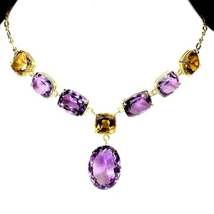 Black Friday Sterling Silver Necklace Oval Amethyst 24x18mm Citrine Handmade 18 - Picture 1 of 13