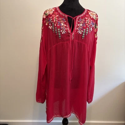 Blusa túnica roja Johnny Was para mujer XL Cupra Rayón bordada festival evento Foto 1 de 4