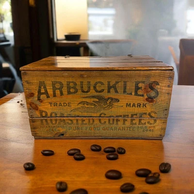 Antigua caja de envío de madera de café tostado Arbuckles con tapa 29x19x16 Foto 1 de 4