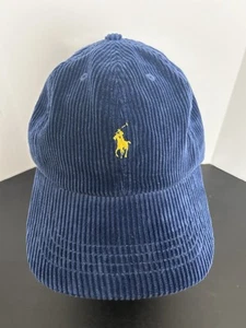 VTG 90s Polo Ralph Lauren Corduroy Leather Strap Back Hat Navy Blue Yellow Pony - Picture 1 of 6