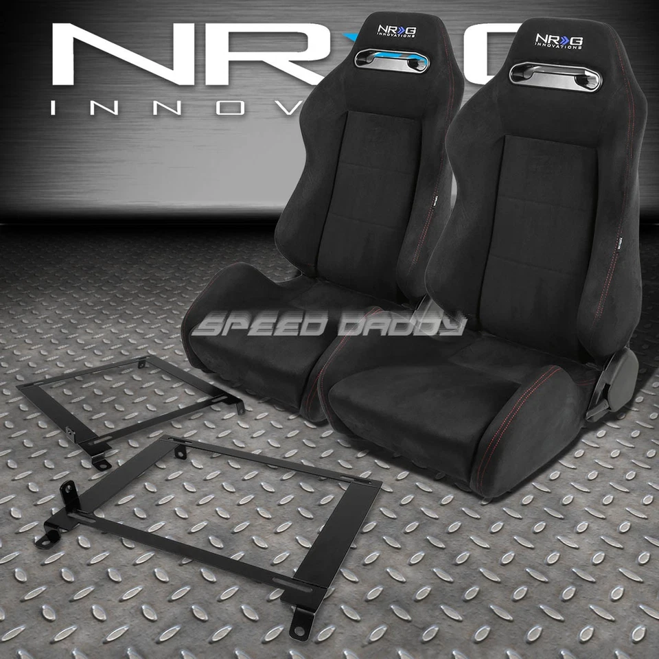 NRG BLACK SUEDE RECLINABLE RACING SEATS+LOW MOUNT BRACKET FOR 01-05 HONDA CIVIC - Imagem 1 de 4