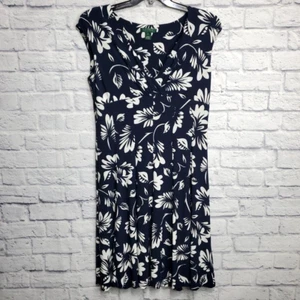 Vestido Lauren Ralph Lauren Mujer 14 Azul Floral Midi Elastizado Oficina Informal - Imagen 1 de 10