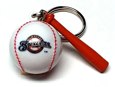 MILWAUKEE BREWERS KEYCHAIN BALL & BAT 1" ROUND BALL LICENSED NEW MLB CHARM PULL - Image 1 of 2