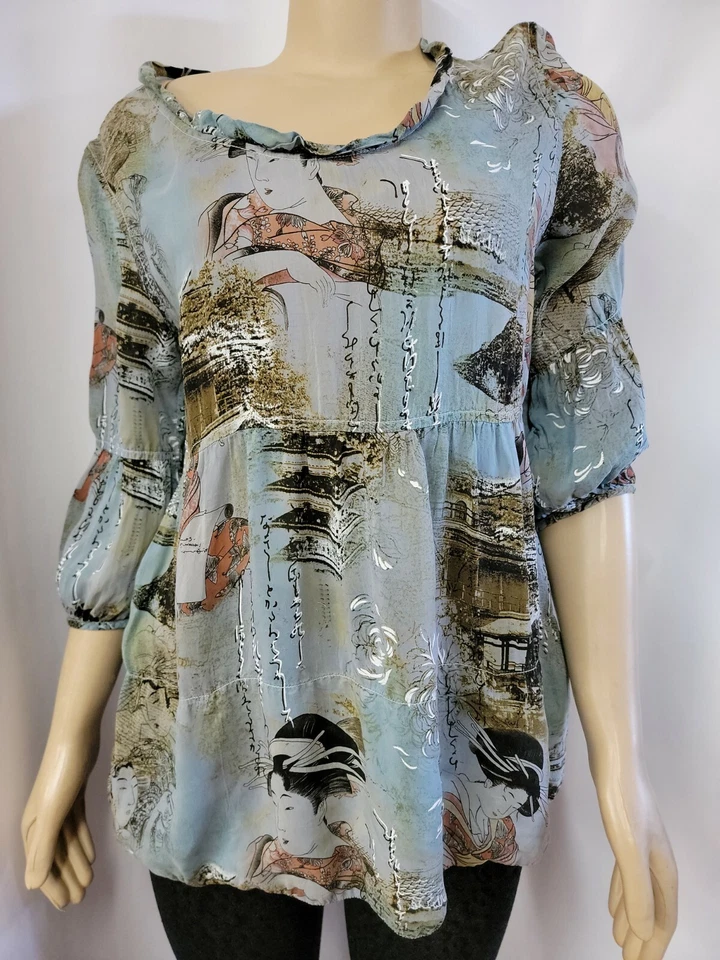 Tianello -Sz S Exquisite ASIAN GEISHA 3/4 Blue Rayon FLORAL Artsy Top Blouse #W1 - Image 1 of 4