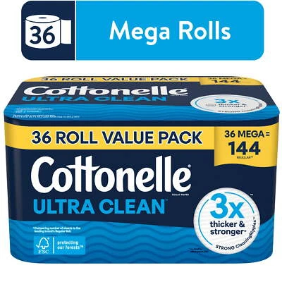 Cottonelle Ultra Clean Toilet Paper, Strong Toilet Tissue, 36 Mega Rolls,White
