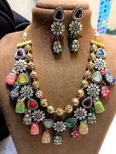 Bollywood Indian Pakistani Golden Polki Kundan Long Necklace Wedding Jewelry Set