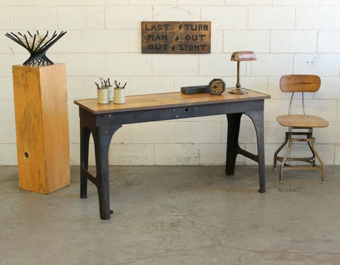 Vtg Antique Industrial 56" Console Table Desk Brass Wood Cast Iron Legs 1910s Cover