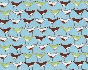 Kaufman Fabric, Chirp, Small Brown, White and Green Birds on Blue, by / yd - Picture 1 of 1