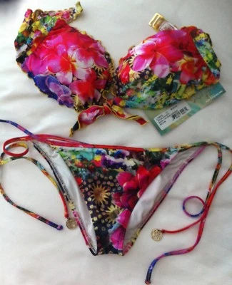 LULI FAMA *Jardin Secreto String BIKINI Ruched Bottom Wavy Tie Front Bandeau NWT - Image 1 of 4