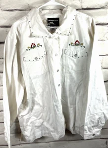 New Michael Simon Womens Size 2x White Embroidered Floral Button Up Jean Jacket - Picture 1 of 6