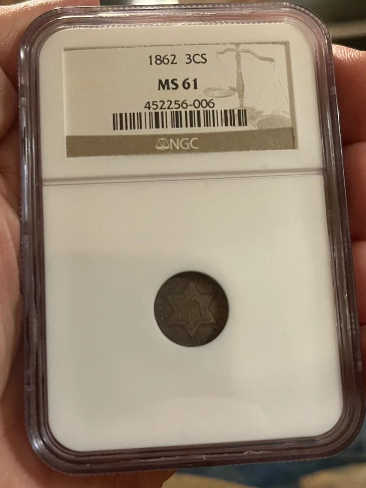 1862 three cent silver   Uncirculated, MS62 toned - Image 1 of 4