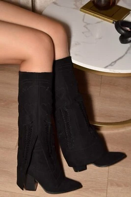 Embroidered Suede Fold Over Pointed Toe Heeled Cowboy Boots - Image 1 of 4