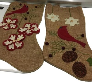 Appliquéd Cardinals Burlap Felt Backing Christmas Stockings Cottage Cabin Core - Picture 1 of 16