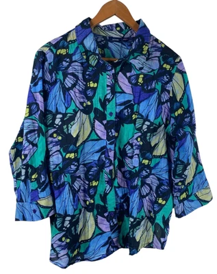 Basic Editions Women's Button Up 3/4 Sleeve Butterfly Watercolor Top Blue Sz 1X - Image 1 of 4