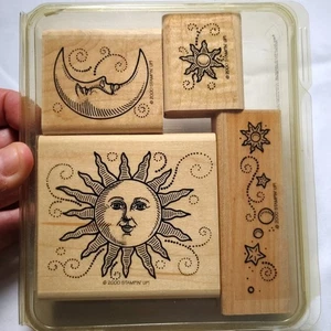Vintage Stampin Up Sun Moon Stars Wood Mount Stamps Set 4 Pieces Retired 2000 - Picture 1 of 4