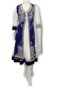 E23 Royal Blue Velvet Jacket 4 Pcs with Long Shirt Party Wear Pakistan Indian St - Picture 1 of 4