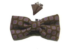 Papillon lana uomo marrone disegni retro azzurro arancio possibile fazzoletto ab - Picture 1 of 8