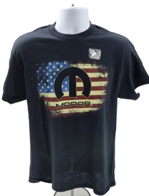 Black T-Shirt w/ Black Mopar "M" Emblem & Script w/ American Flag Background - Image 1 of 4