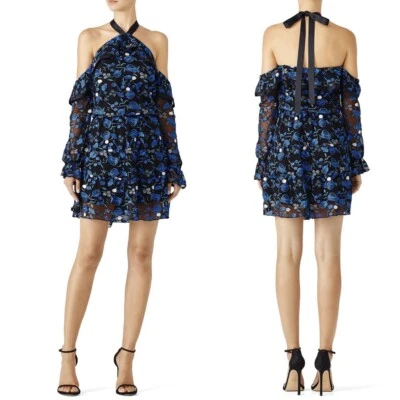 Vestido Alexia Admor Azul y Negro Bordado Real Floral Manga Acampanada - Talla 8 Foto 1 de 4