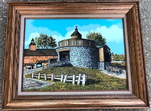 Vintage 22" Framed H Hargrove RARE Round Blue Brick Barn Farm Lithograph Print - Picture 1 of 9