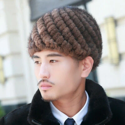 Sombrero de piel de visón real para hombre invierno cálido tejido gorros elásticos sombrero de esquí orejeras Foto 1 de 3