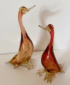 Murano Art Glass Venetian Barbini Ducks Set of 2, 12” And 9.75” Cranberry, Pink - Picture 1 of 15