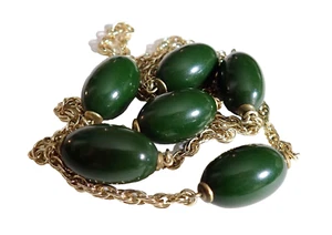 Green Bakelite Bead Necklace White Metal 6 forest green capped beads Vintage - Picture 1 of 8