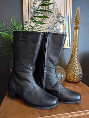 Stivali neri pelle nuovi stile vintage anni 60 60 70 punta quadrata taglia UK 6 - Immagine 1 di 4