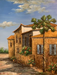 Painting Mediterranean Style House Palm Tree Sky Window Box Plants Signed Canvas - Picture 1 of 13