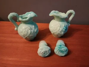 Vintage Avon Perfume Pitcher Bottle 1986 Aqua Blue Green Milk Glass Set Of 2 - Picture 1 of 5