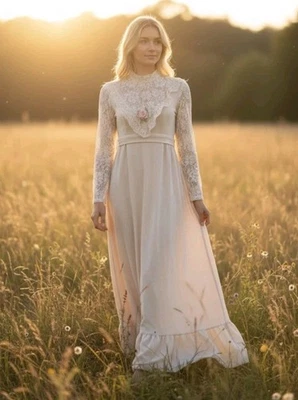 Maxi Vestido de Boda Hippie De Colección Años 70 Pradera Victoriano Boho Crema Lvory Encaje! XS Foto 1 de 4