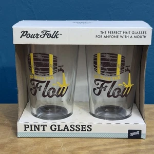 30 Watt Pour Folk Go With The Flow Pint Drinking Party Beer Glasses 2 Pack New - Picture 1 of 4