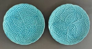 Pair Stangl Cabbage Lettuce Leaf Porcelain Dish Plates Turquoise Lettuceware - Picture 1 of 6