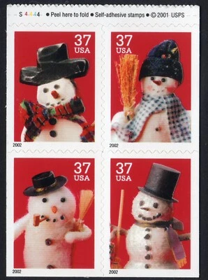 Scott #3687a Snowman Greetings - 37¢ Booklet Pane Plate Block of 4 Stamps - MNH - Image 1 of 2