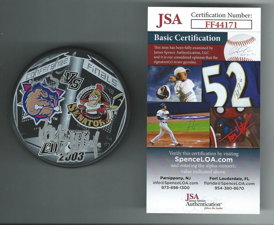 Ray Emery & Eric Fichaud Signed 2003 Calder Cup Playoffs Match-Up Puck JSA COA - Image 1 of 1