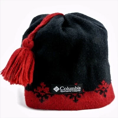 Gorro de Invierno Columbia Mezcla de Lana Tejido Unisex Negro Rojo Diseño Copo de Nieve Foto 1 de 4