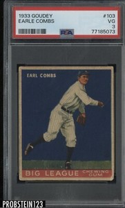 1933 Goudey #103 Earle Combs New York Yankees PSA 3 VG
