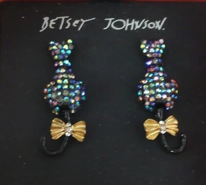 Orecchini Estate Halloween Betsey Johnson Gatto Nero Strass, WOW - Foto 1 di 6