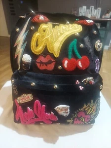 Betsey Johnson Baby’s Got Back Embellished Embroidered Black Velour Backpack - Picture 1 of 6