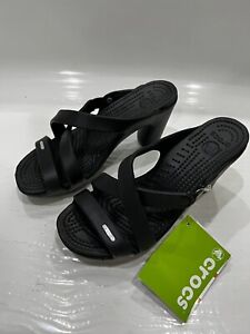 NWT Womens Crocs Cyprus IV All Black Wedge Heel Strappy Sandals 14558 Size 7